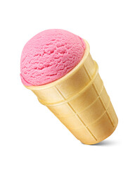 Pink ice cream in a sugar crispy waffle cone isolated. Taste of strawberry, fruit, raspberry,...