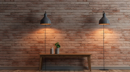 brick wall concrete floor and lamps background 3d render
