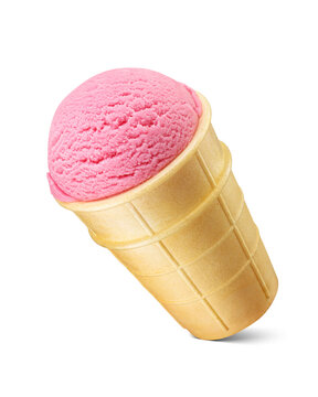 Pink ice cream in a sugar crispy waffle cone isolated. Taste of strawberry, fruit, raspberry, berry, cherry, candy. Transparent PNG image.