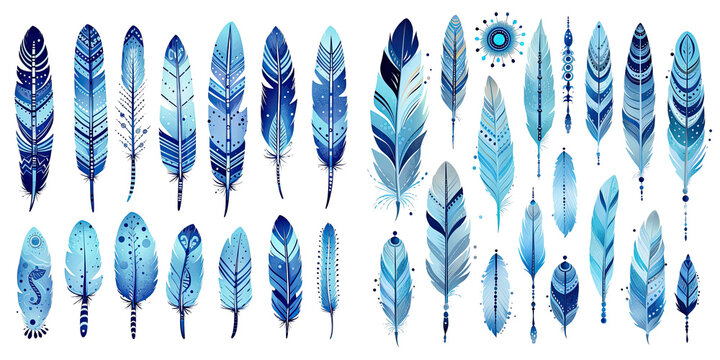 Fototapeta Feather set in watercolor and Liner vibrant blue with Aztec patterns boho elements and various artistic designs Suitable for printing or accessorizing transparent background