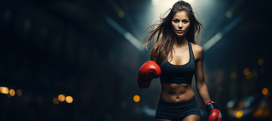 Kickboxing woman in activewear and red kickboxing gloves on black background performing a martial arts kick. Sport exercise, fitness workout. Generated with AI