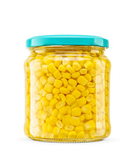 Sweet corn in transparent glass jar with metal twist-off lid isolated. Transparent PNG image.