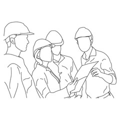 Line art of multiethnic architects working on construction plans in a meeting room