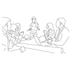 Line art of architect-engineer discusses a construction project in a meeting room isolated on a white background.