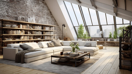interior design of modern loft apartment living room with white sofa - obrazy, fototapety, plakaty