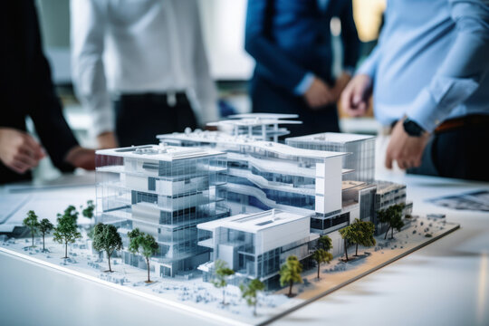 business office complex development. real estate prototype on the architect table