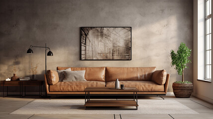 interior of living room with brown sofa 3d rendering