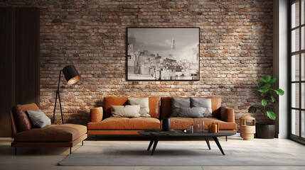 interior of living room with brown sofa 3d rendering