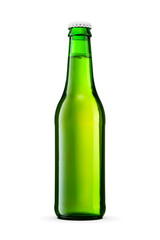 Green bottle of beer isolated with clipping path. Transparent PNG image.