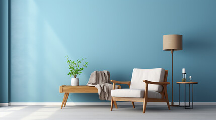 interior of modern living room with armchair and coffee table with blue wall and white floor