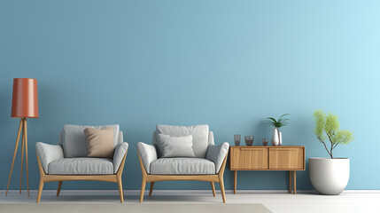 interior of modern living room with armchair and coffee table and blue wall
