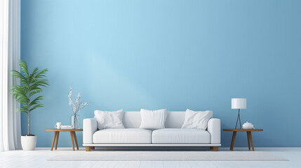 Fototapeta na wymiar interior of modern living room with white fabric sofa and blue wall