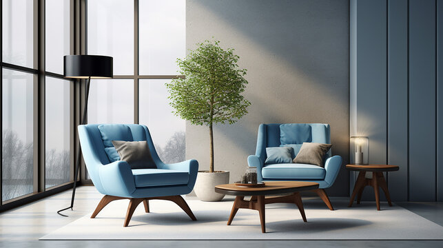 interior of modern living room with blue armchair and coffee table