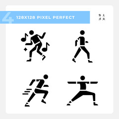 Pixel perfect glyph style icons set of fitness, silhouette wellness illustration, solid pictogram.