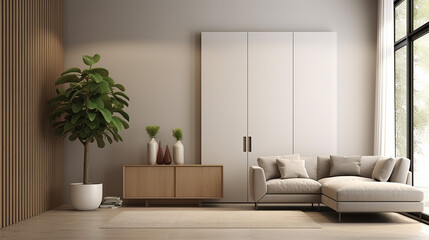 modern living room interior with door and sideboard 3d rendering