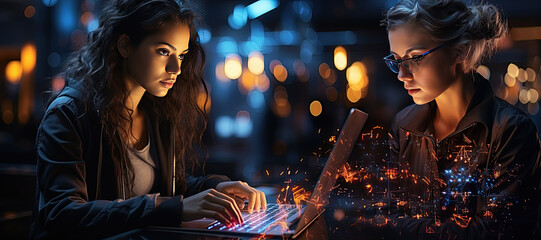 Laptop, code hologram and woman thinking of data analytics, information technology,Generated with AI