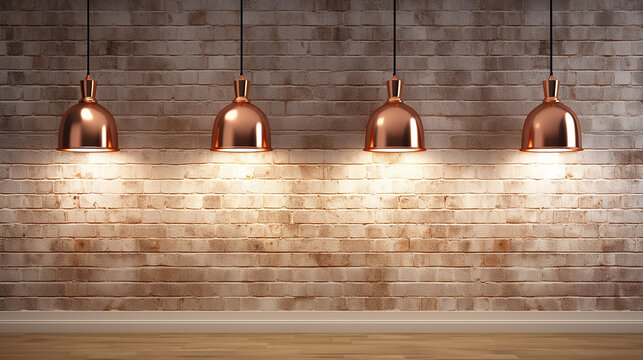 Fototapeta room with copper metal lamps over white brick wall 3d rendering