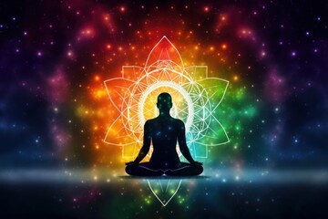 Fototapeta na wymiar Human Practicing Yoga and Meditation with Stars Cosmic Universe, Harmony of Human Soul and Body, Chakra, Spirituality.