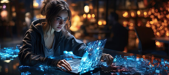 Laptop, code hologram and woman thinking of data analytics, information technology,Generated with AI