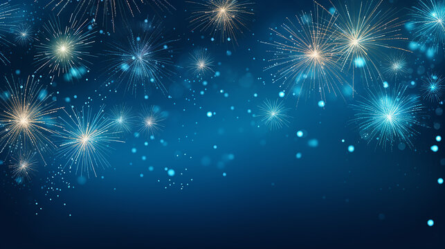 fireworks on blue background with stars and space for text