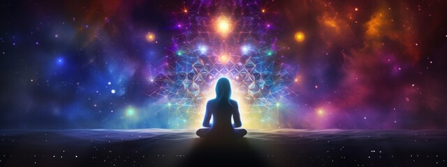 Human Practicing Yoga and Meditation with Stars Cosmic Universe, Harmony of Human Soul and Body, Chakra, Spirituality. - obrazy, fototapety, plakaty