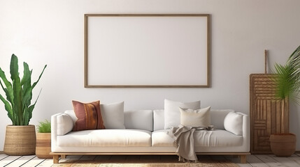 mock up poster frame in modern interior background with white sofa
