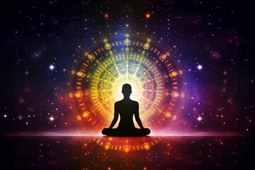 Human Practicing Yoga and Meditation with Stars Cosmic Universe, Harmony of Human Soul and Body, Chakra, Spirituality.