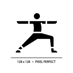 2D pixel perfect silhouette glyph style yoga exercise icon, isolated vector, meditation illustration, solid pictogram.
