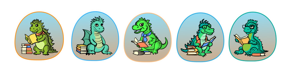 Collection cute dragons with books for stickers,