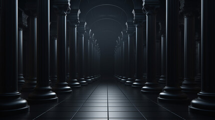three dimensional render of rows of columns in dark hall