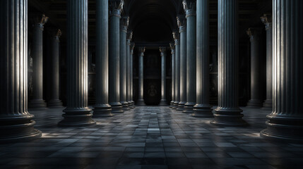 dark hall with three dimensional render of rows of columns