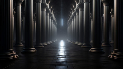 dark hall with three dimensional render of rows of columns - obrazy, fototapety, plakaty