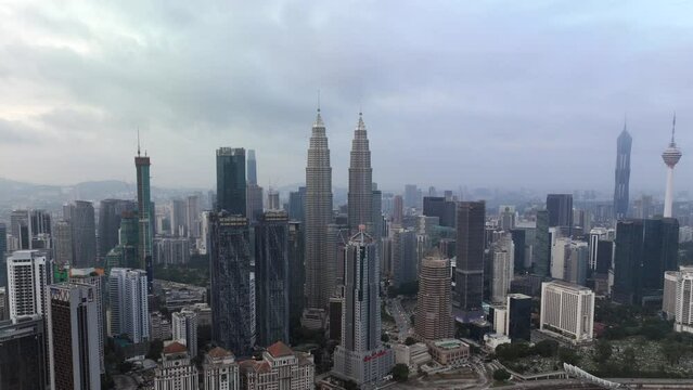 Aerial hyperlapse of downtown Kuala Lumpur, Malaysia in the early morning