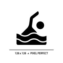 2D pixel perfect silhouette glyph style swimming icon, isolated vector, illustration, solid pictogram.