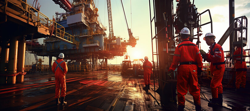 engineer stands on an oil drilling platform amidst the vast sea, working to extract vital resources.Generated with AI