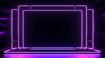 geometric background with columns and glowing neon light. blank rectangular frame 3d render