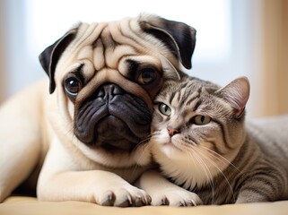 Animal friendship, cat and dog hugged each other - obrazy, fototapety, plakaty