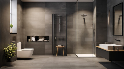 a grey minimal stone bathroom with a shower cabin and a toilet 3d rendering - obrazy, fototapety, plakaty