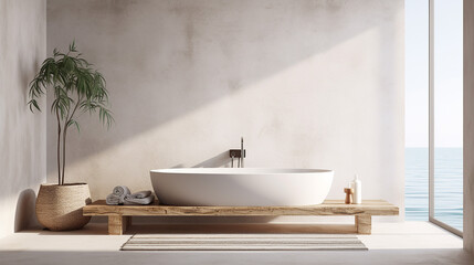 Fototapeta na wymiar a white minimal bohemian Mediterrane concrete bathroom with bathtup 3d rendering