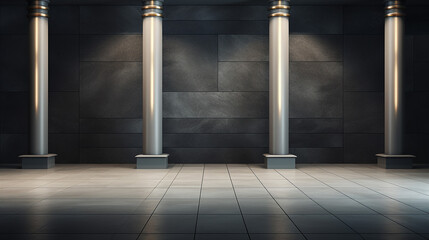ads campaign marketing concept with abstract lighting dark hall with grey pillars on blank concrete floor