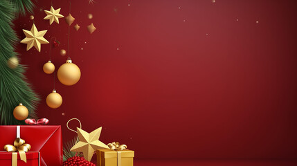 Christmas red background in minimalist style with border frame made of realistic Christmas tree