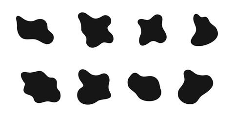 Set of irregular shapes icons. Organic blobs, water splotches, liquid ink spots, distorted bubbles textures isolated on white background. Asymmetric amoeba shaped figures. Vector graphic illustration