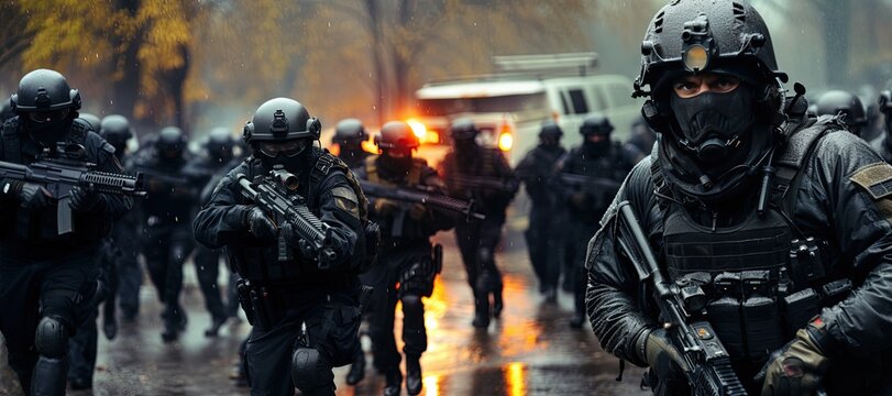 Special forces soldier police, swat team member. in action , Poster concept for police,Generated with AI security or military,