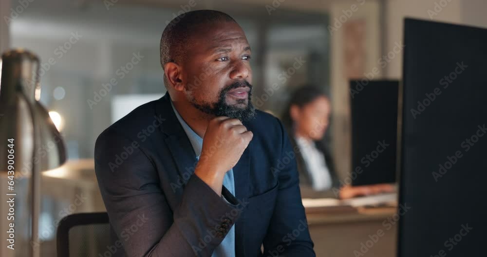 Poster market search, thinking and black man at computer in office with email, report or website review at 