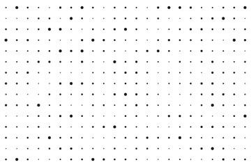 Dot grid halftone background. Different sized round points seamless pattern. Abstract monochrome retro texture. Dotty perforated surface. Vector graphic illustration.