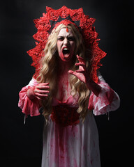 Close up portrait of  scary vampire zombie queen, wearing elegant halloween fantasy costume ....