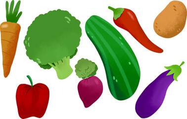 Vector vegetables icons set in cartoon style. Collection farm product for restaurant menu, market label.