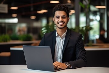 Handsome Latin Businessman Working with Computer, Male Manager Works in Modern Office, Analysis Data Statistics and Business Planning.