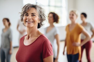 Middle-aged woman standing in a fitness studio, candidly expressing their active lifestyle through...