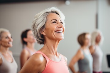 Middle-aged woman standing in a fitness studio, candidly expressing their active lifestyle through sport with friends.